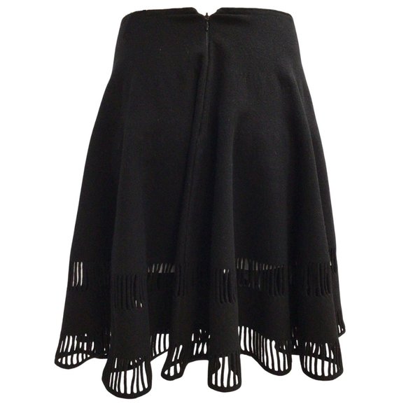ALAIA PARIS BLACK CUT-OUT DETAIL WOOL KNIT FLARED A-LINE SKIRT - Picture 3 of 4